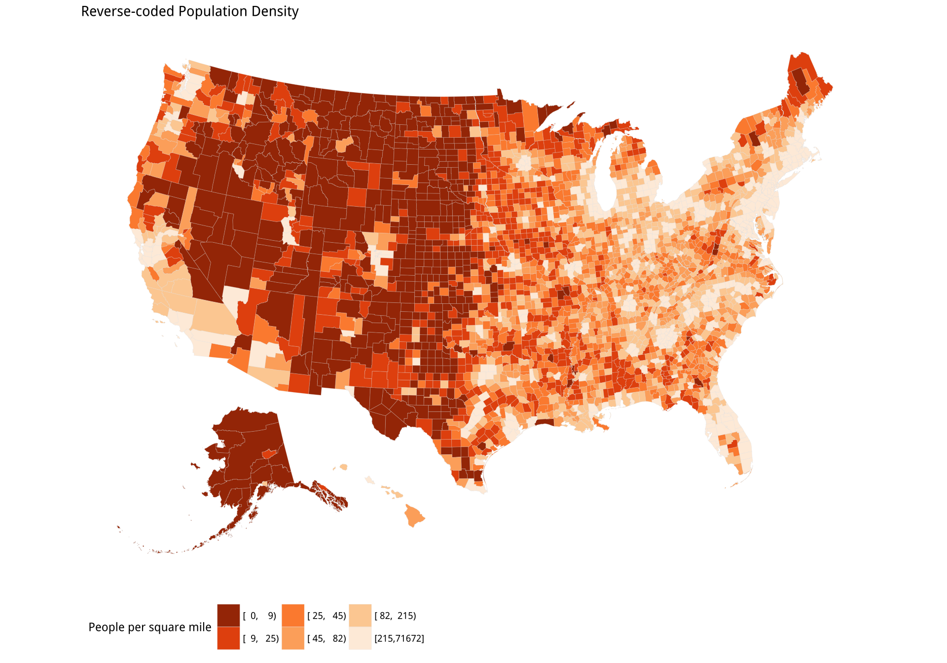 Gun-related suicides by county; Reverse-coded population density by county. Before tweeting this picture, please read the text for discussion of what is wrong with it.