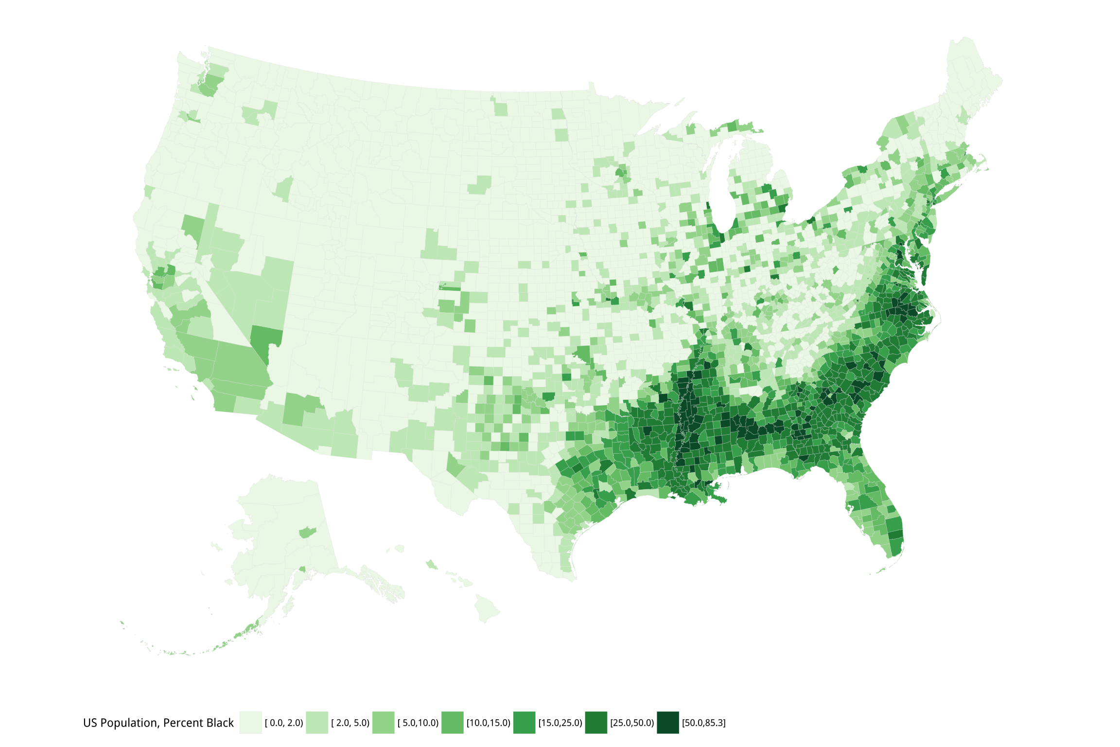 Percent Black population by county.